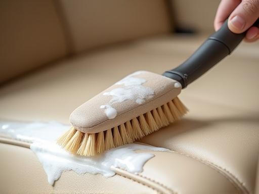 Nettoyage minutieux d'un siège en cuir beige avec une brosse douce